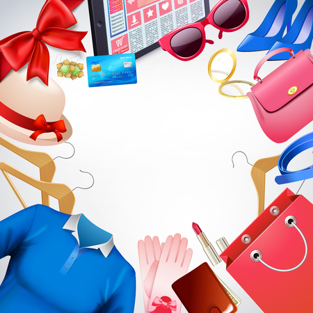Online shopping realistic images background composition with empty place surrounded by flat images of feminine accessories vector illustrationのイラスト素材