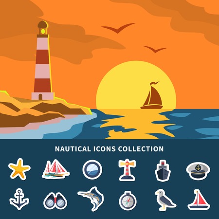 Nautical icons collection with yacht sunset and lighthouse flat vector illustrationのイラスト素材