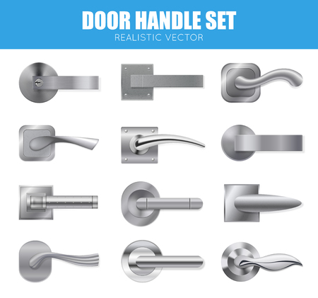 Realistic door handle silver set with isolated images of modern design steel levers of different shape vector illustrationのイラスト素材
