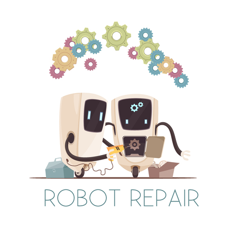 Next generation 2 autonomous collective robotic assistants performing reparation task cartoon composition with teamwork symbols vector illustration のイラスト素材