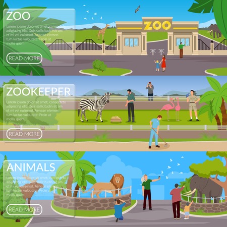 Zoo flat horizontal banners with visitors animals in cages and zookeepers involved in cleaning area and pet care vector illustrationのイラスト素材