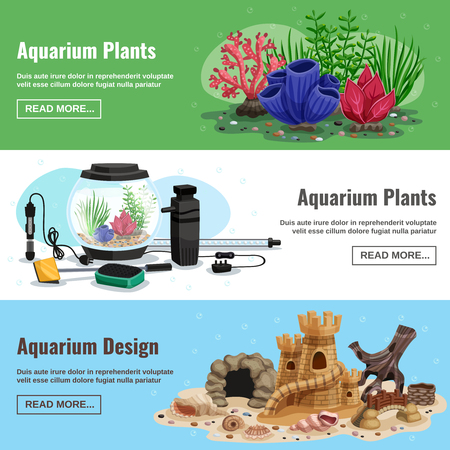 Set of horizontal banners with aquarium plants and design elements including artificial caves, seashells isolated vector illustrationのイラスト素材