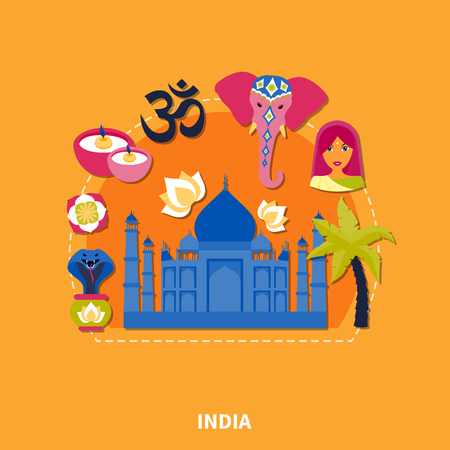 Flat design travel to india background with colorful traditional indian symbols vector illustrationのイラスト素材