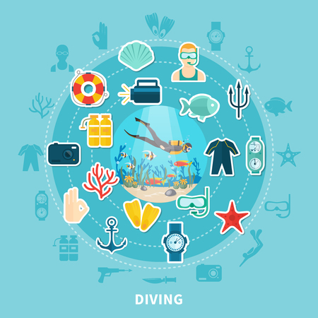 Diving round composition on blue background including icons with scuba equipment, lifebuoy and underwater wildlife vector illustrationのイラスト素材