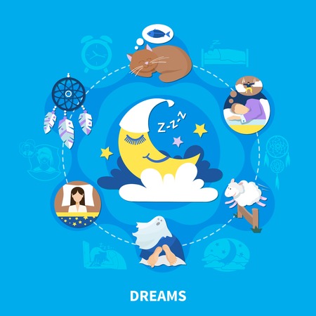 Night dreams flat symbols circle composition with sleeping cat and crescent half moon background poster vector illustrationのイラスト素材