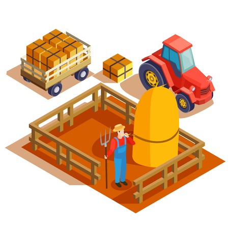 Gardener isometric composition with agrimotor pulling cart and farmer with pitchfork and haymow in fenced area vector illustrationのイラスト素材