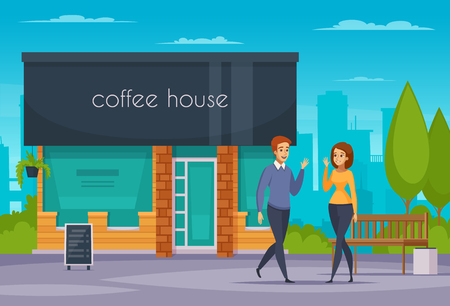 Friendly handshake composition with man woman and coffee house flat vector illustrationのイラスト素材