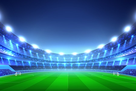 Soccer stadium perspective background with green lawn and white gates, tribunes with spotlights, blue sky vector illustrationのイラスト素材