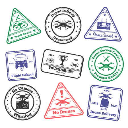 Drone grunge stamps set of colourful postal stamps with images of unmanned flying vehicle and text vector illustrationのイラスト素材