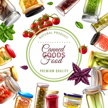 Canned food frame with label, fish products, fruits, vegetables in glass jars on white background vector illustrationのイラスト素材