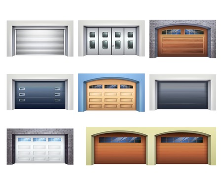 Set of realistic garage doors from various material with mechanical or automatic control system isolated vector illustrationのイラスト素材