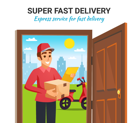 Fast express delivery service with smiling motorcycle courier holding parcel box at customer door colorful vector illustrationのイラスト素材
