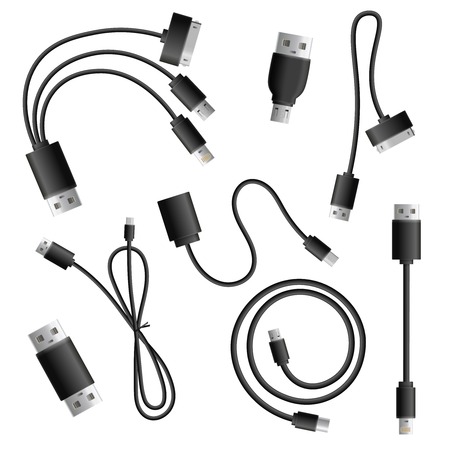 Realistic adapter cable connectors types collection of isolated data exchange and multimedia adapter computer cable images vector illustrationのイラスト素材
