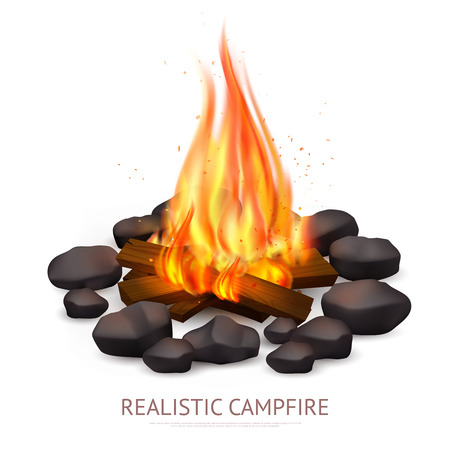 Realistic campfire composition with images of lump wood on fire with stones flame and editable text vector illustrationのイラスト素材