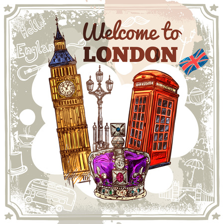Wellcome to London sketch poster with tourist attractions and symbols vector illustrationのイラスト素材
