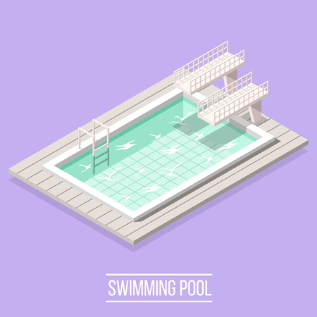 Isometric swimming pool composition with isolated image of piscine high diving boards and water vector illustrationのイラスト素材
