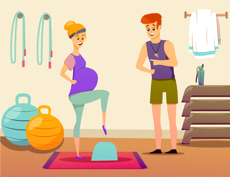 Composition with pregnant woman during exercise on step platform with personal sport instructor in gym vector illustrationのイラスト素材