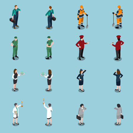 Professions uniform isometric people set of isolated faceless human characters dressed in appropriate utility clothing vector illustrationのイラスト素材