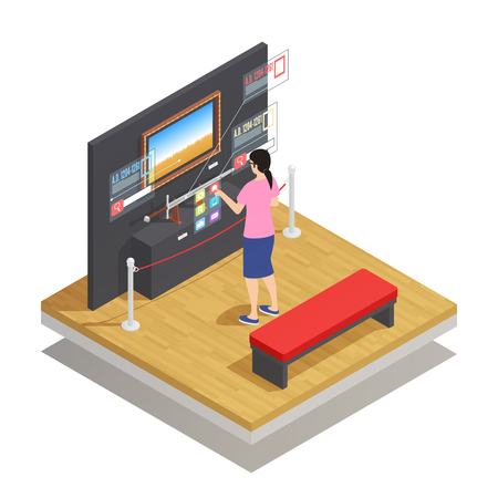 Isometric composition with woman in augmented reality glasses looking at museum pieces on white background 3d vector illustrationのイラスト素材