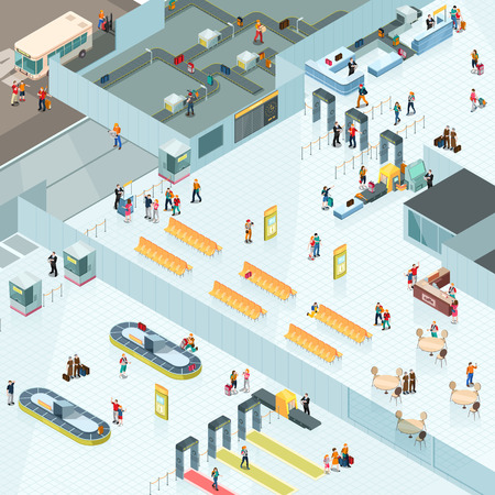 Airport isometric design with departure and arrival zones including waiting seats, cafe, baggage conveyors vector illustrationのイラスト素材