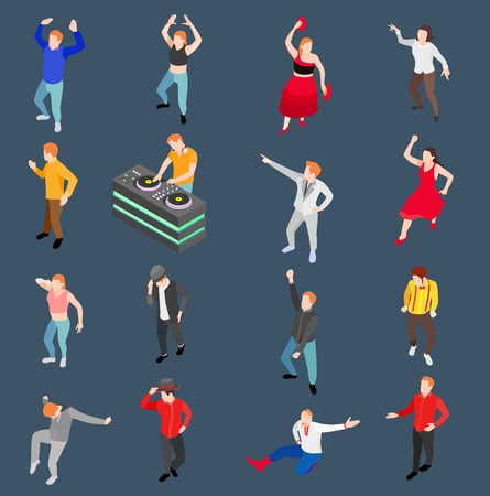 Dance isometric people collection with human characters performing in modern and traditional style with disc jockey vector illustrationのイラスト素材