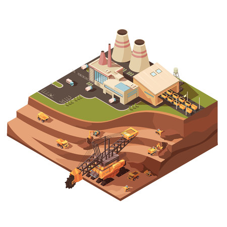 Isometric mining composition with images of factory buildings and opencast mine with extractive equipment for quarrying vector illustrationのイラスト素材