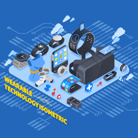 Wearable technology isometric design with smart clothing, virtual reality glasses, watches, smartphone on blue background vector illustrationのイラスト素材