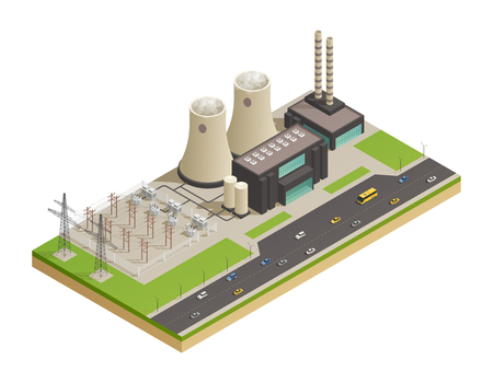 Electric power generation transmission and distribution  facilities network isometric composition with neigboring motorway 3d model vector illustrationのイラスト素材