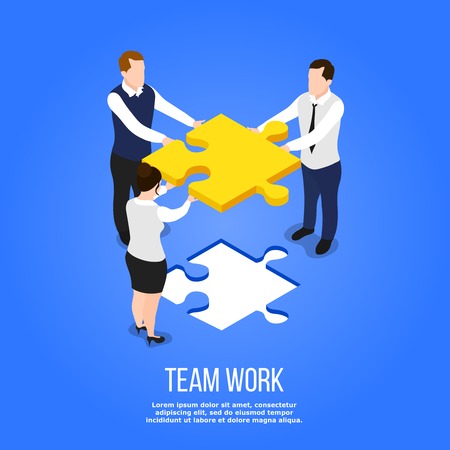 Isometric people teamwork conceptual background with group of human characters holding jigsaw puzzle with editable text vector illustrationのイラスト素材
