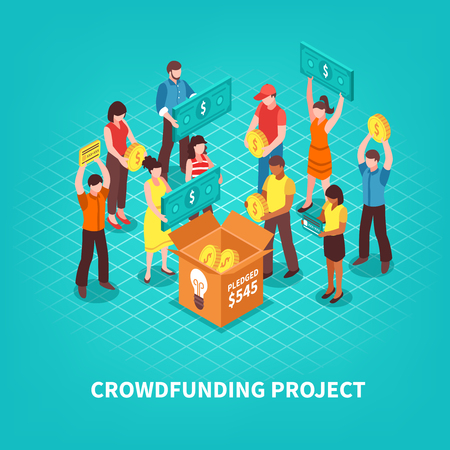 Crowdfunding project and people making donations concept on blue background 3d isometric vector illustrationのイラスト素材