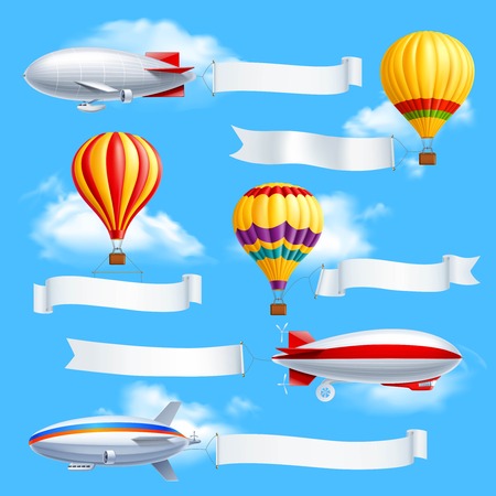 Colored advertising banners composition dirigible and air balloons with attached white fabric banners vector illustrationのイラスト素材