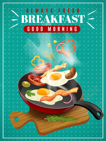 Fresh breakfast poster with meat vegetables fried eggs pan and cutting board on turquoise background vector illustrationのイラスト素材