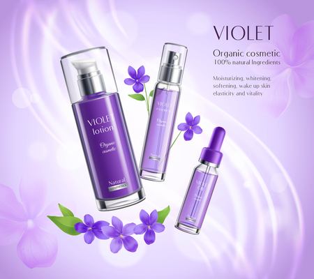 Organic cosmetics skincare products realistic advertisement poster with violets extract essence lotion dispenser colorful background vector illustration のイラスト素材