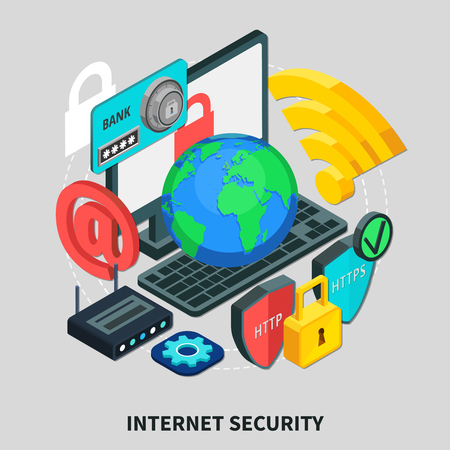 Internet security design concept set of laptop email http lock wireless modem globe isometric icons 3d vector illustrationのイラスト素材