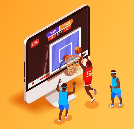 Basketball isometric betting online conceptual composition with desktop computer display and basketball hoop with player figures vector illustrationのイラスト素材