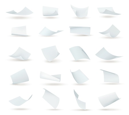 Realistic paper set of flying blank white sheets with curved corners isolated illustration.のイラスト素材
