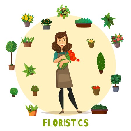 Florists concept set with flowers and plants symbols flat vector illustrationのイラスト素材