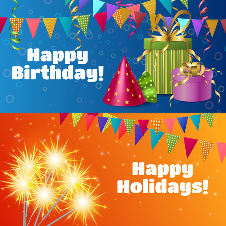 Horizontal banners with realistic festive accessories including gift boxes, streamers, sparklers, flags, party hats isolated vector illustrationのイラスト素材