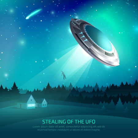 Alien spacecraft poster with flying saucer during kidnapping of person on night.のイラスト素材