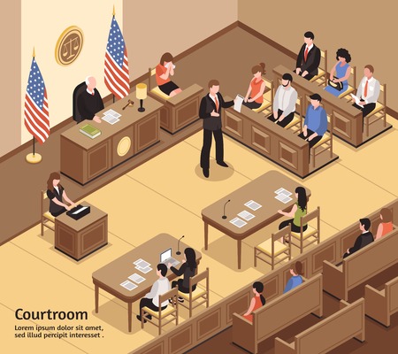 Judiciary isometric vector illustration with jury defendant advocate clerk spectators characters in courtroom interiorのイラスト素材