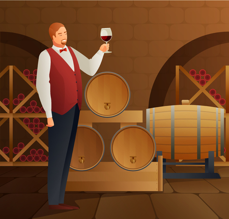 Wine production with sommelier barrel and glass gradient flat vector illustrationのイラスト素材