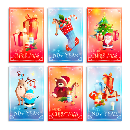 New year cartoon cards with greetings, gifts, santa, animals, festive decorations on sparkling background isolated vector illustrationのイラスト素材