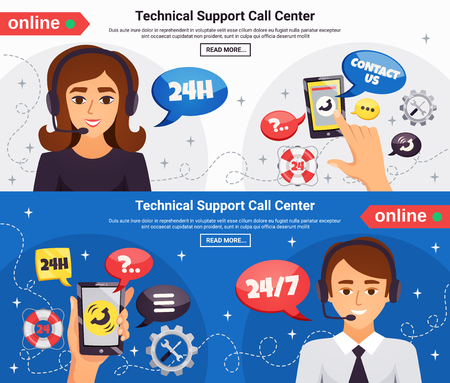 Technical support call center operators 24h online service 2 horizontal background banners webpage design isolated vector illustration のイラスト素材