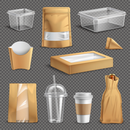 Fastfood packages realistic set with cup paper bags and containers dark transparent background isolated vector illustrationのイラスト素材