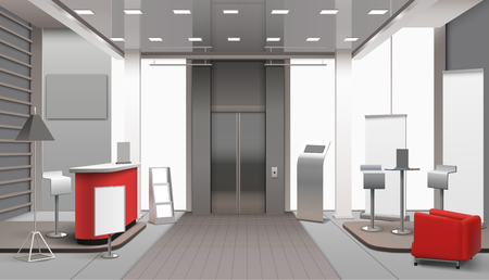 Lobby interior realistic design with reception counter, red armchair, table with stools, empty banners, lift vector illustration   のイラスト素材