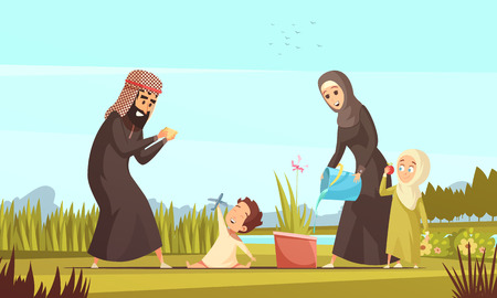 Young arab muslim family in traditional clothing with two children outdoor playing and watering plant cartoon vector illustration のイラスト素材