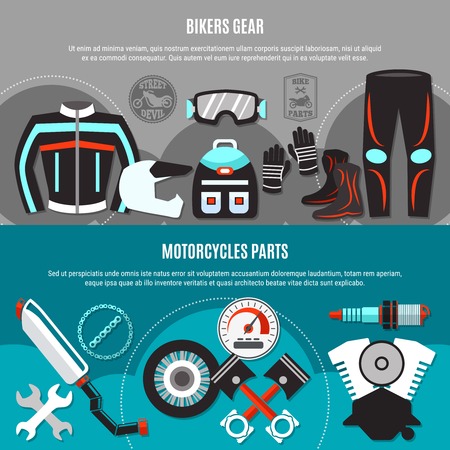 Bikers gear and bike spare parts horizontal banners with pistons exhaust muffler spark plug helmet glasses gloves costume boots elements flat vector illustration  のイラスト素材