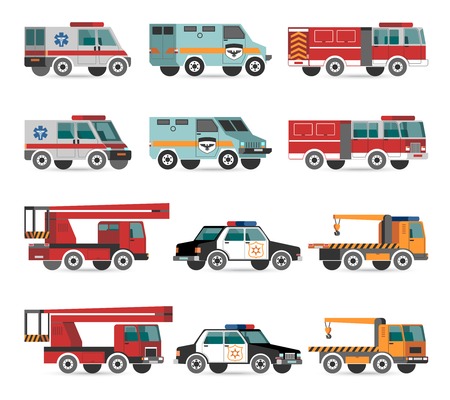 Flat emergency vehicles with fire track and police car vector illustrationsのイラスト素材