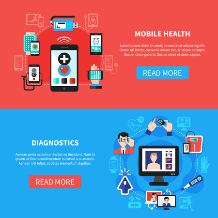 Mobile digital health software devices gadgets for measurements and diagnostics 2 horizontal flat banners isolated vector illustration のイラスト素材