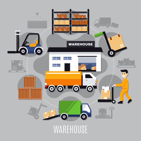 Warehouse colored composition with colored icon set on theme combined in big circle vector illustrationのイラスト素材